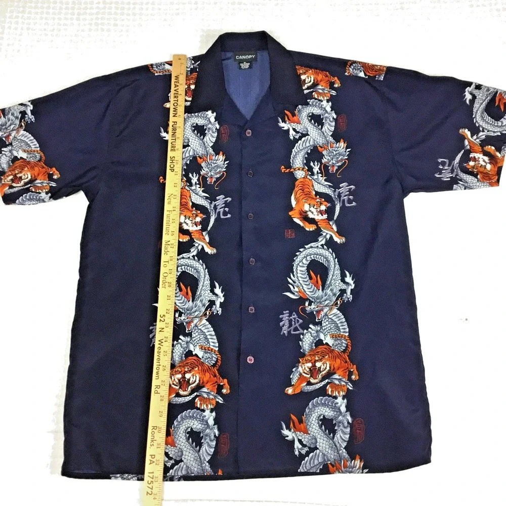 Canopy Mens XL Navy Blue Dragon Tiger Graphic Button Up Short Sleeve Camp Shirt‎